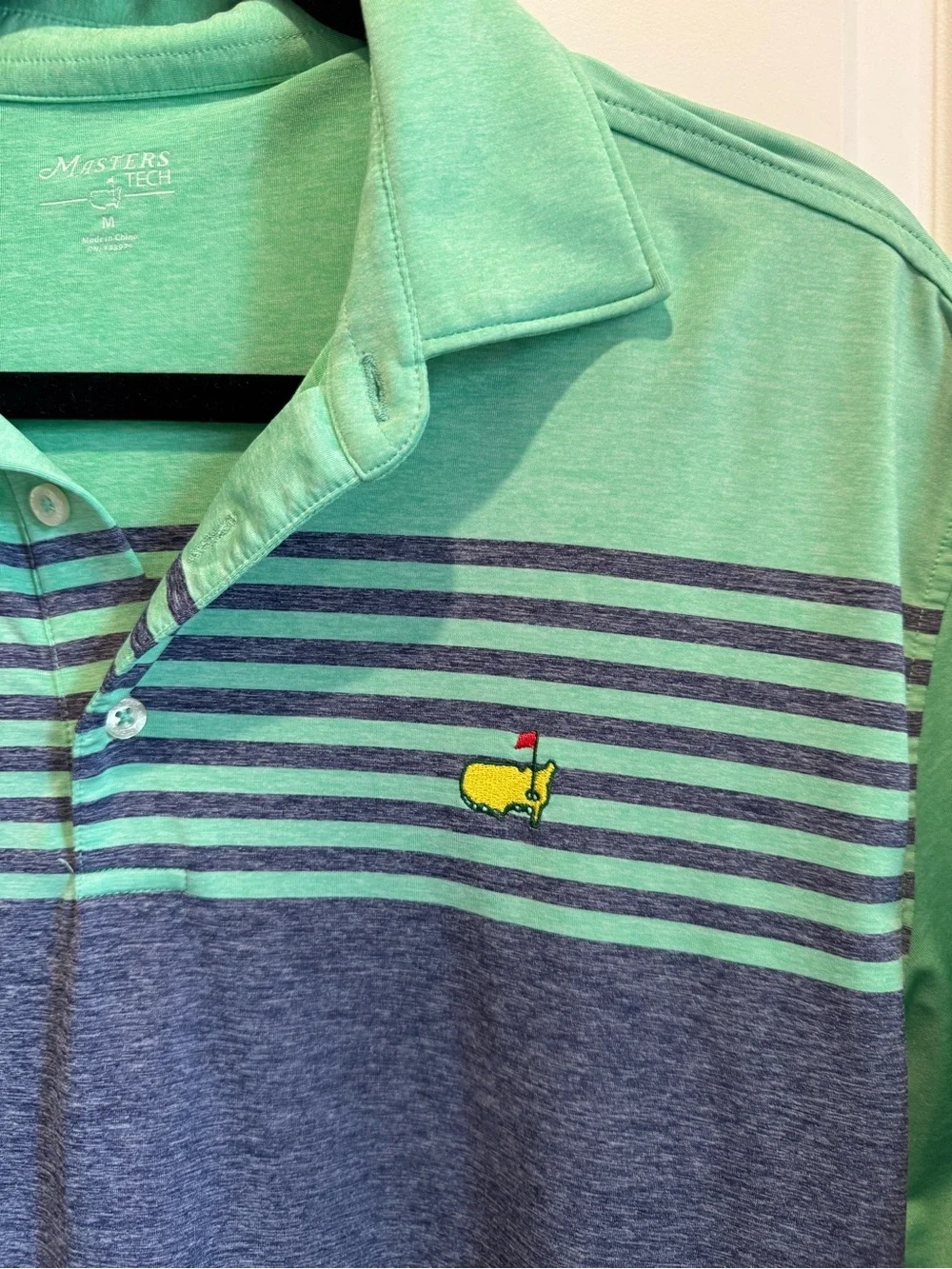 Masters Tech Golf Polo Shirt Men Medium Green Blue Striped Size Medium